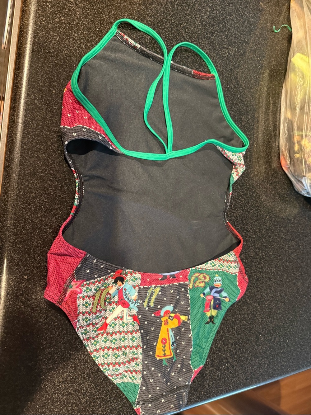 Sporti Women's Multicolor Patchwork One-Piece Swimsuit with Green Trim Xmas suit - Picture 3 of 3